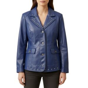 Susan Graver Style Blue Studded Faux Leather Blazer Jacket Women's Size‎ M
